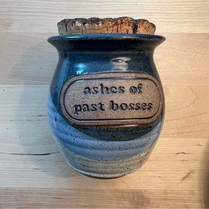Ceramic pottery "ashes of past bosses" pot with cork top 4.5" tall
